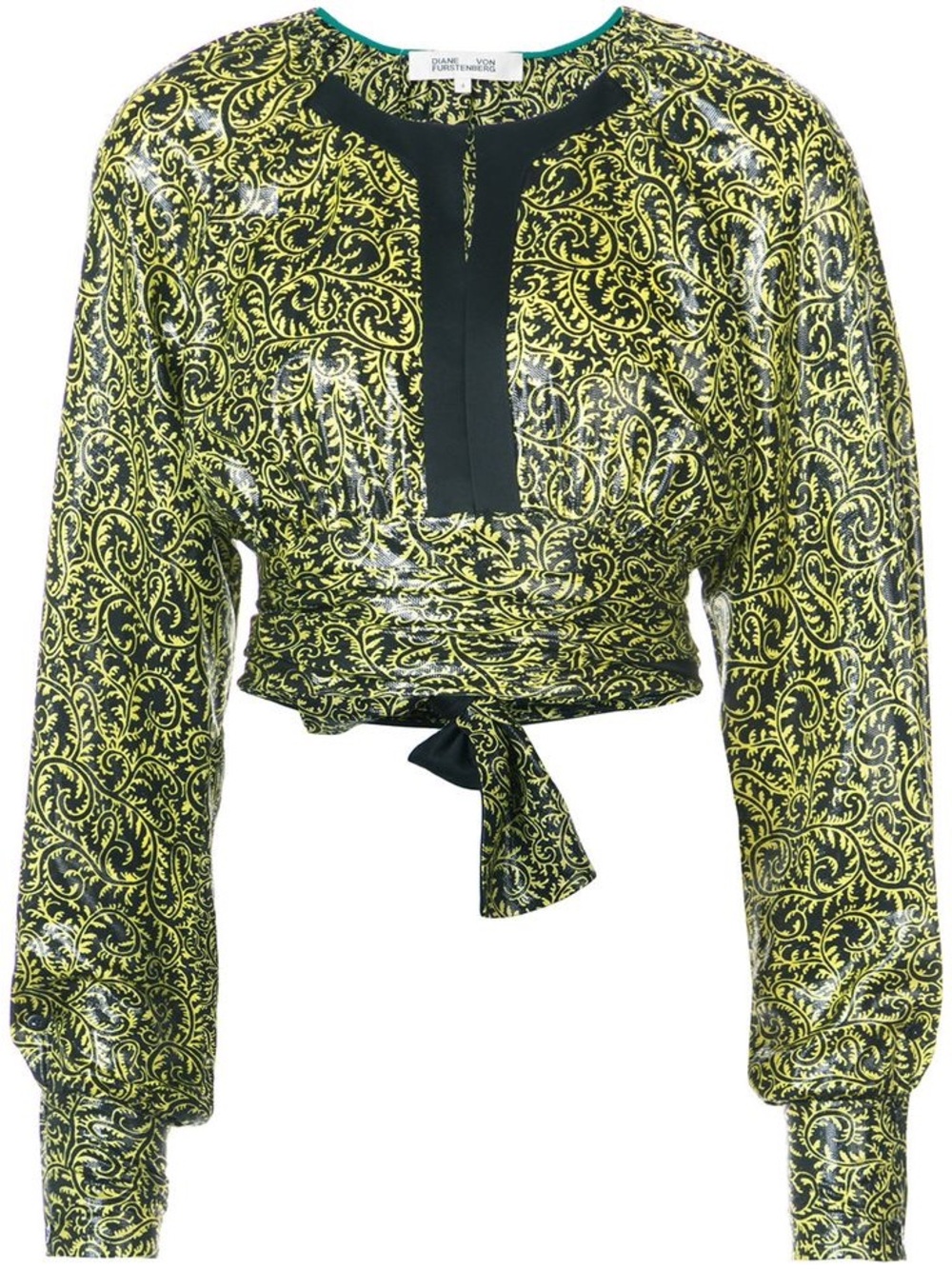 Diane Von Furstenberg Yellow Black Printed Tie-Waist Blouse